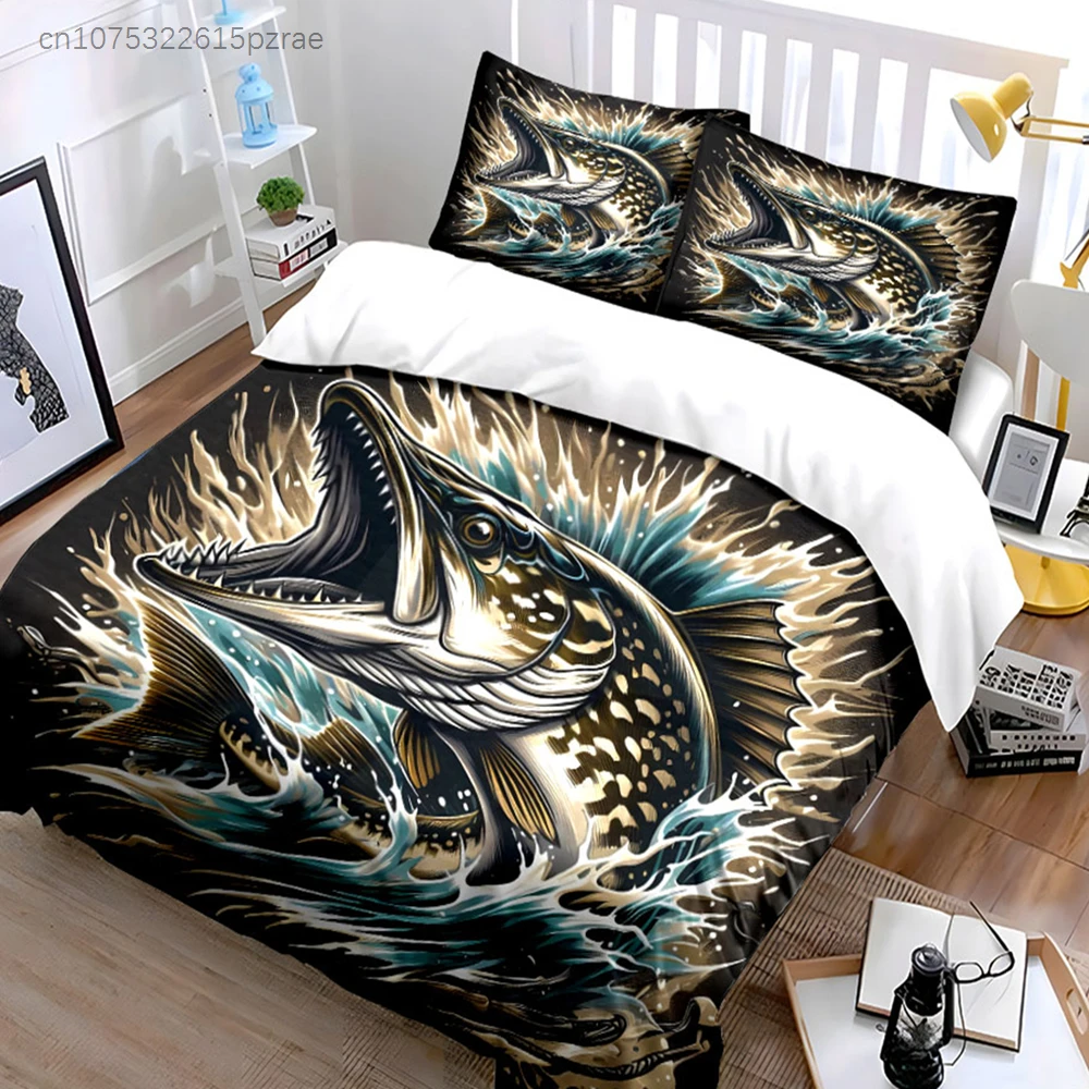 Pike Fishing Art Set Wall Decor Multiple Sizes kid's And adults' Bedroom Exquisite 3PC Bedding set, Gift