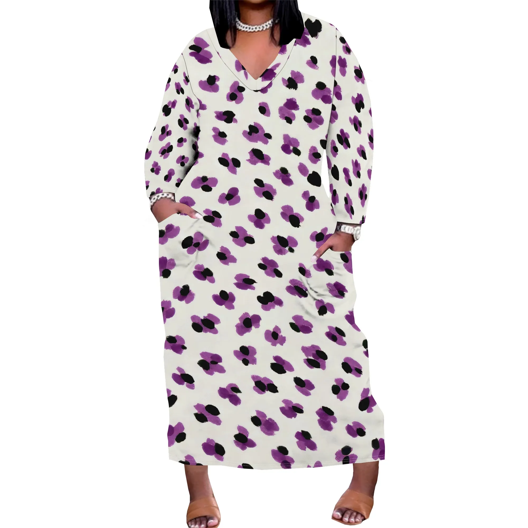 Abito lungo da donna con stampa a pois taglie forti a maniche lunghe con scollo a V e tasche Abito ampio casual autunnale