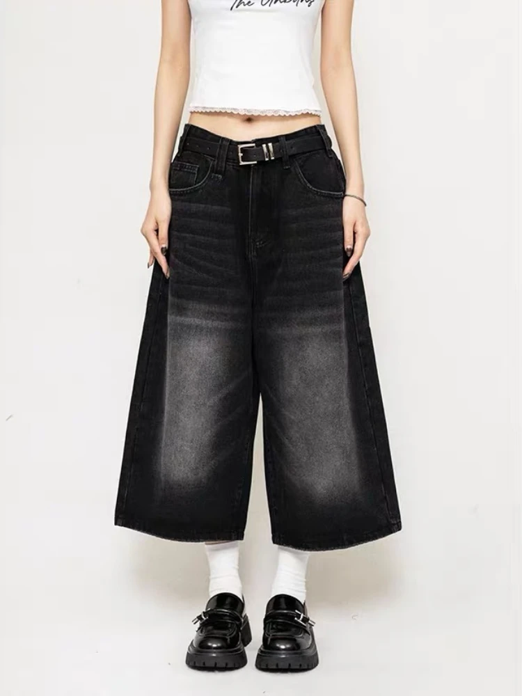 HOUZHOU Y2k Vintage Long Jorts Women Black Baggy Washed Cropped Jeans Wide Leg Denim Shorts Korean Streetwear Grunge Oversized