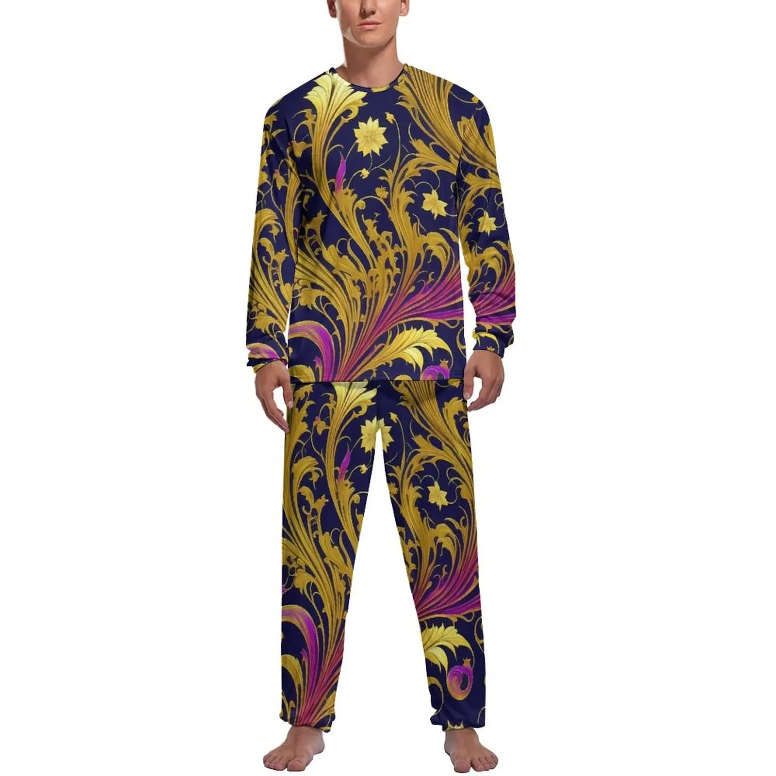 Art Nouveau Alphonse Pajamas Mucha Gold Leaves Floral Male Long Sleeve Pajama Sets 2 Pieces Casual Winter Design Nightwear Gift