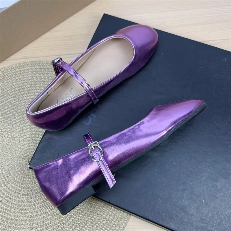 2025 Spring New Mary Jane Women Fashion Casual Leather Shoes Solid Buckle Strap Shallow Flats for Woman Comfortable Purple