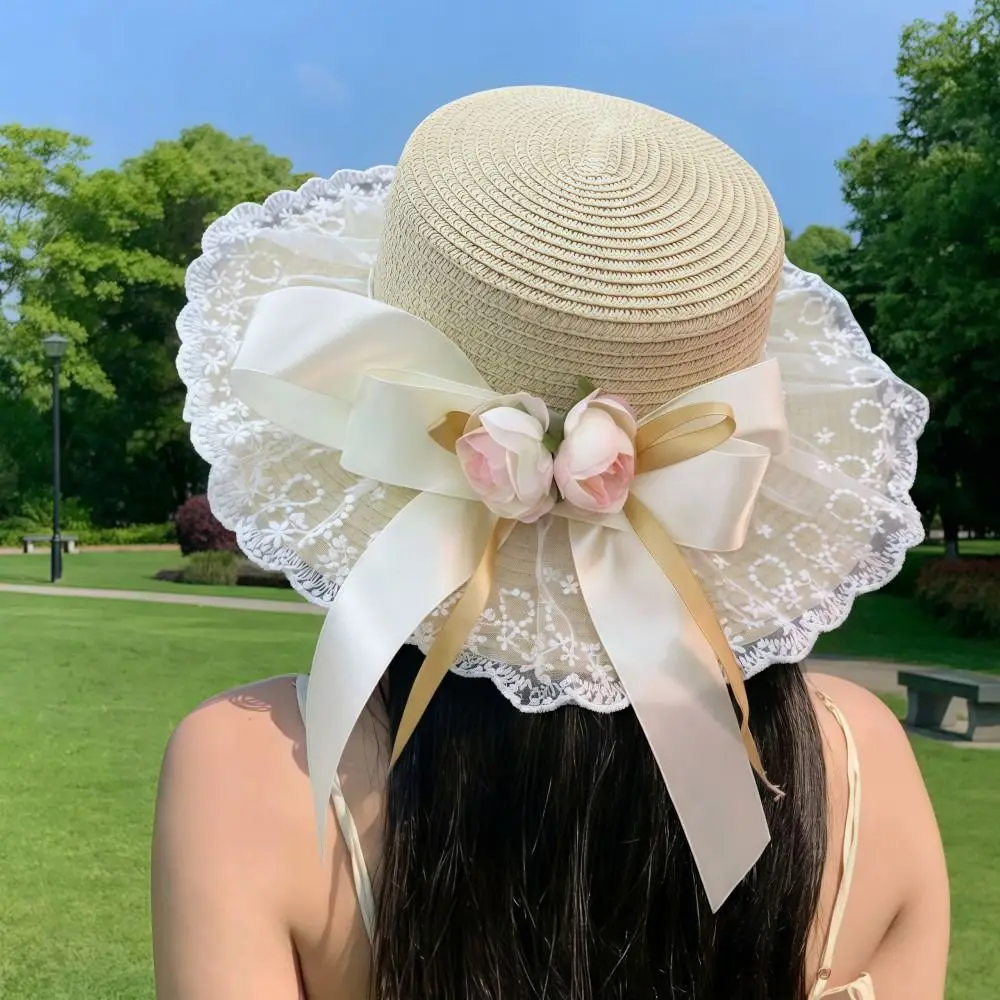Lolita Style Summer Sun Hat Butterfly Knot Breathable Lace Sunshade Cap Lightweight Artificial Flowers Straw Beach Hat Outdoor