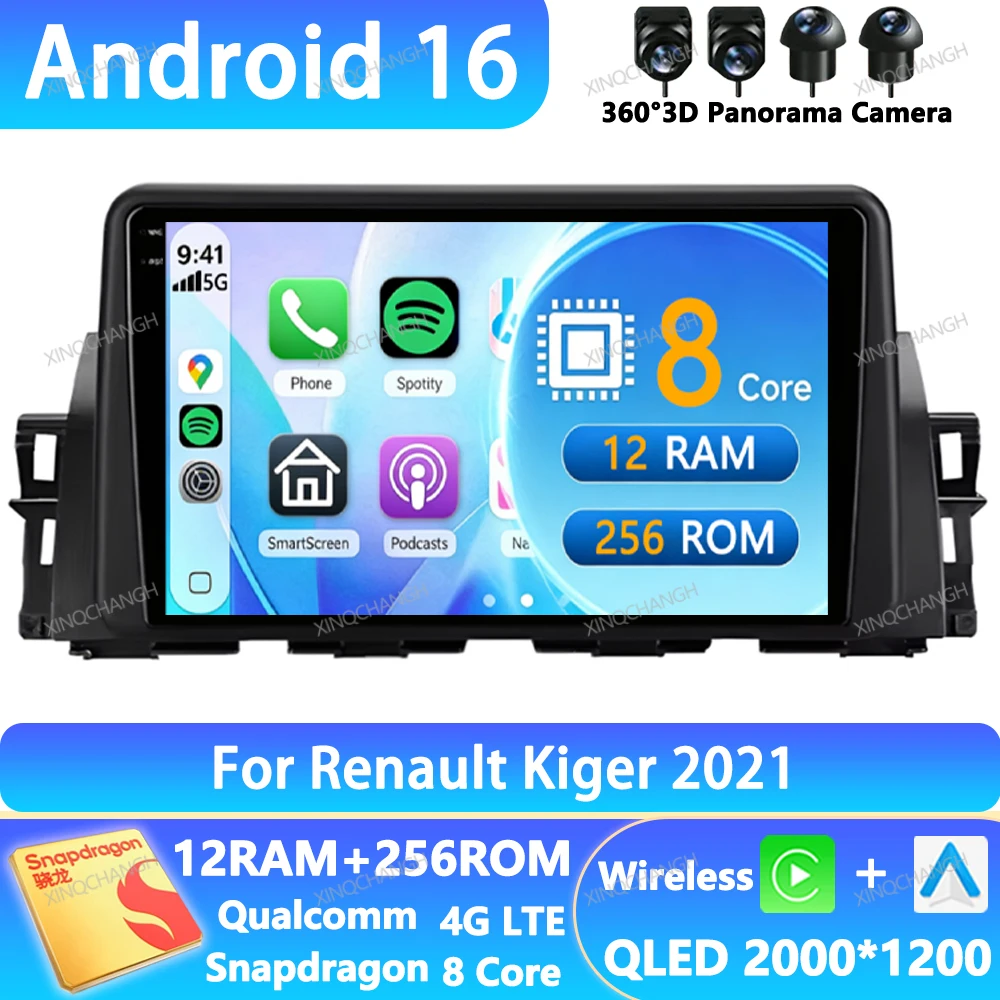 Android 16 Car Radio For Renault Kiger 2021 4G LTE 5G WIFI Navigation Carplay Auto Qualcomm BT Multimedia Video Player GPS QLED