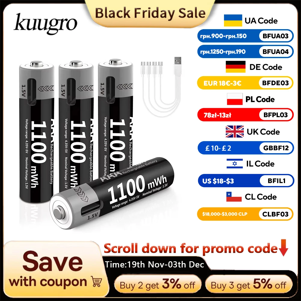 

Kuugro 1.5V AAA USB Li-ion Rechargeable Battery Aaa 1.5V 1100mWh Lithium Batteries with 4-in-1 Cable for Toys Camera Flashlight