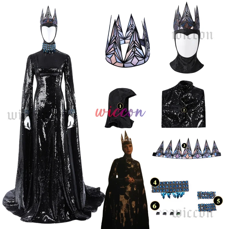 Evil Queen Cosplay Stepmother Costume Movie Snow Cos Whites Women Black Long Dress Crown Necklace Outfits Halloween Suit