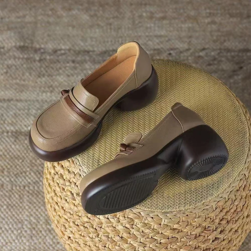 

Slip On Thick Sole Loafers Retro Women Small Leather Shoes 2025 Spring New Arrival Super Soft Genuine Leather British Style
