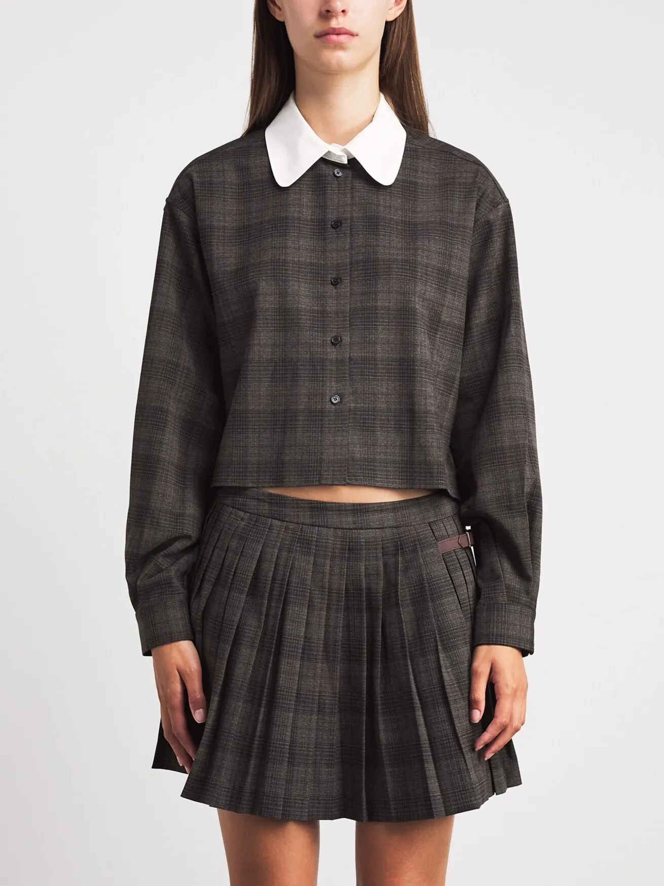 Early Autumn Preppy Style Plaid Shirt And Pleated  Skirt Set Contrast Color Turn-down Collar Short Length High Waist