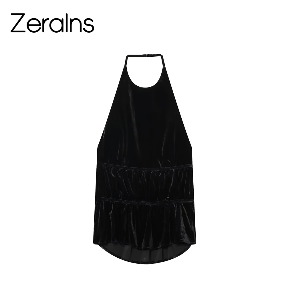 

ZERAINS 2025 Winter New Product Women's Clothing French Luxury Slim Fit Ruffle Velvet Hanging Neck Tank Top