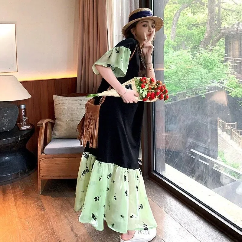Splicing Color Blocking T-Shirt Plus Size Women's Clothing 300 Pounds Loose Medium Long Style Design Sense Fake Two-Piece Dress