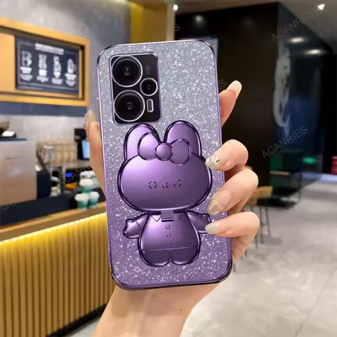 For Xiaomi Mi Poco F5 Pro F4 F3 M5s M4 M3 C55 C40 C31 Invisible Makeup Mirror Rabbit Stand Plating Soft Case Poko F 5 4 3 Cover