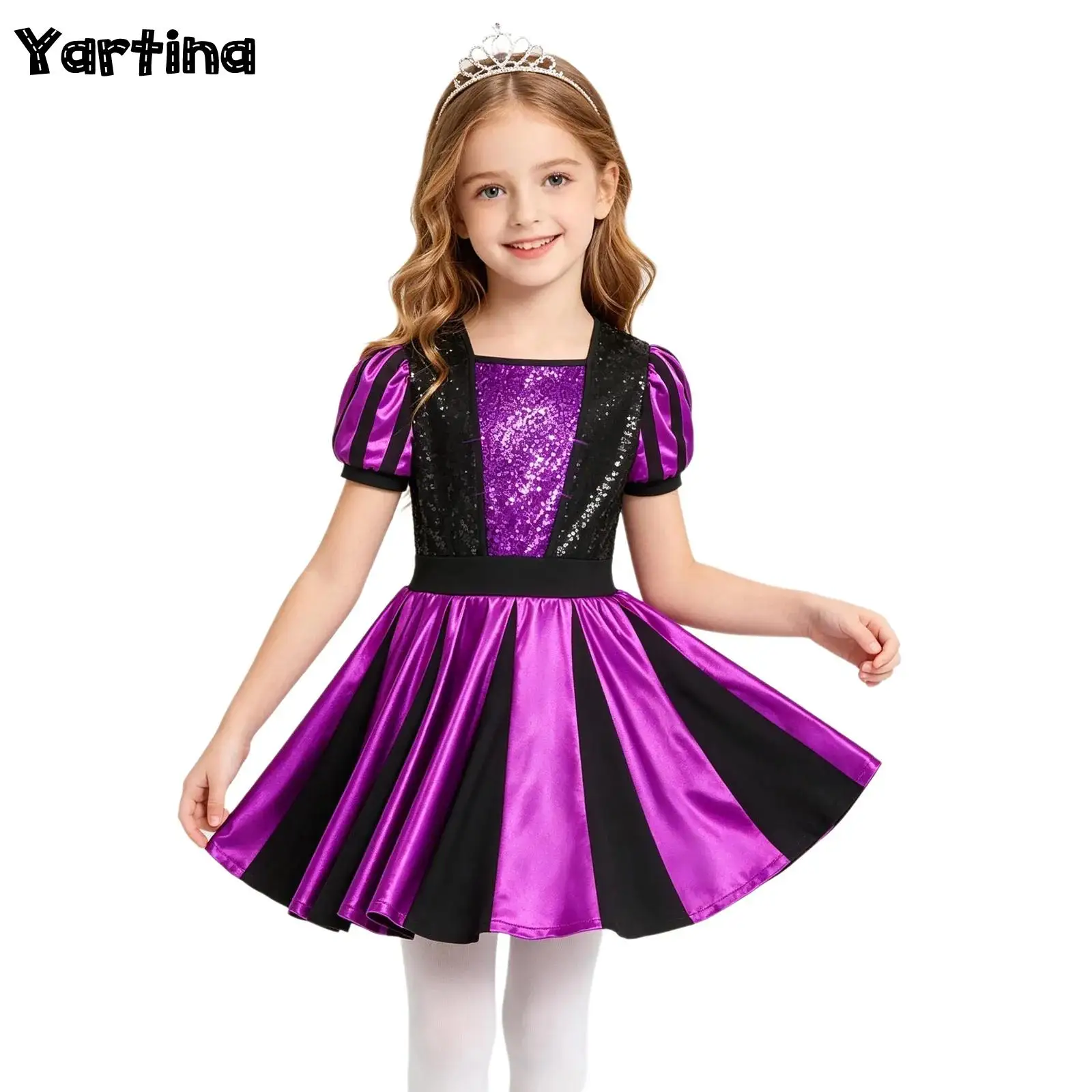 女の子用ミュージカルロールプレイングプリンセスコスプレ衣装、背面に見えないジッパー付き、光沢のあるスパンコールメタリックドレス、内蔵ショーツ付き