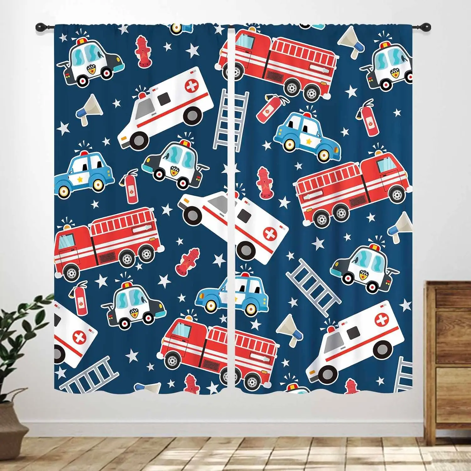 Fire Truck Curtains for Kids Room,Cartoon Firetrucks Fire Engines Trucks Police Car Blue Window Treatments for Boys Girls
