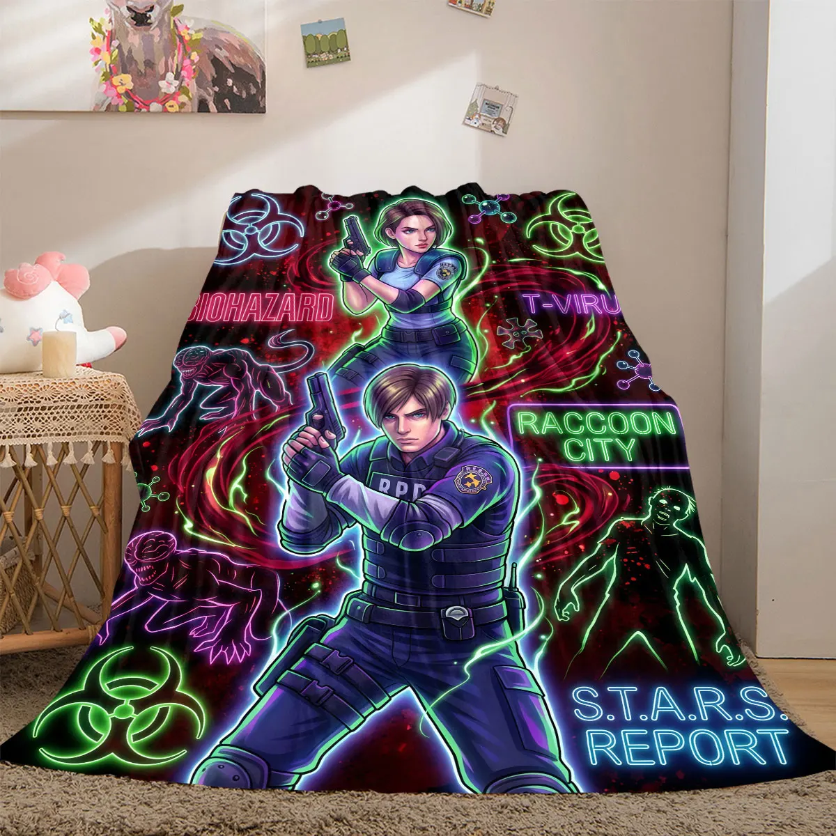 Resident Evil Schöne Cartoon-Flanelldecke, bedruckte dekorative Decke, warm und weich für Schlafzimmer, Sofa im Freien_LIAN