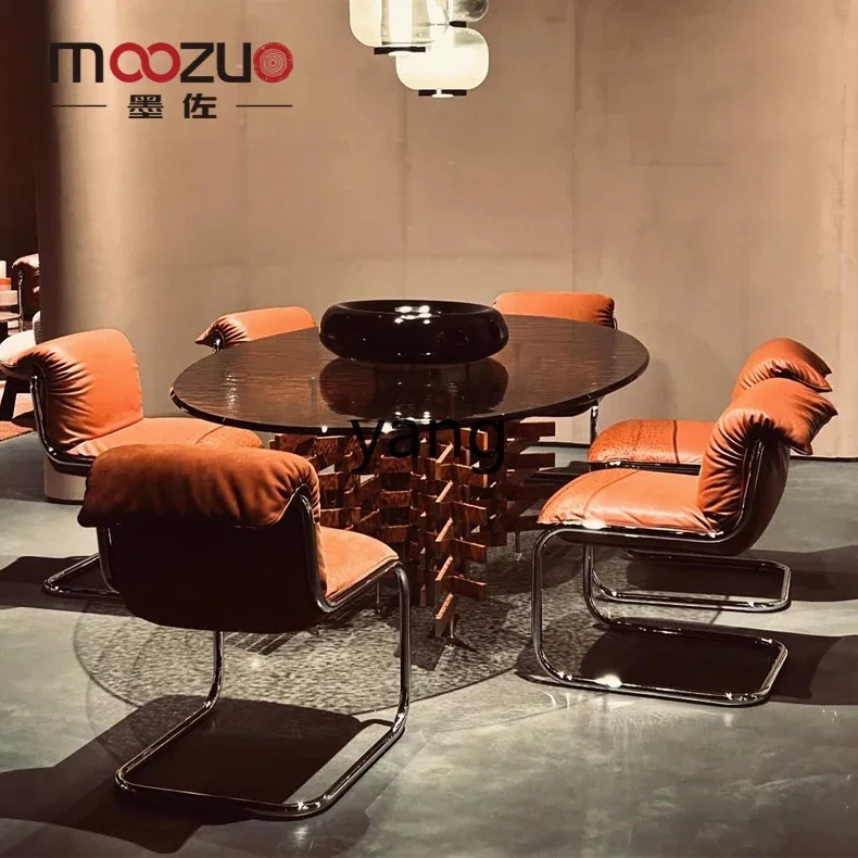 LMM antique style explosion-proof glass dining table and chair combination villa living room household round dining table
