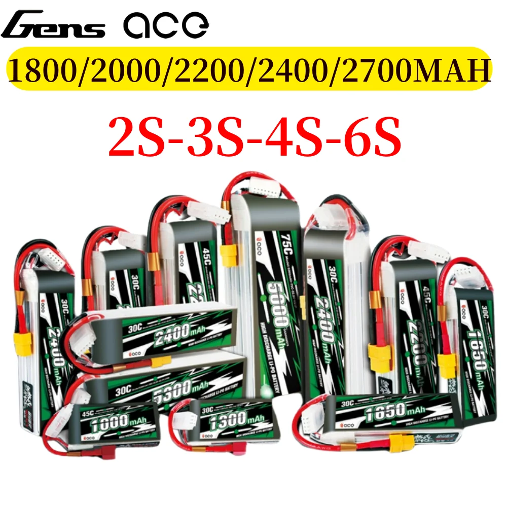 Gens ACE Lipo Battery 1800/2000/2200/2400/2700mAh 2S 3S 4S 6S 7.4V 11.1V 14.8V 22.2V 20C 30C 45C with T/XT60 Plug for FPV Drone