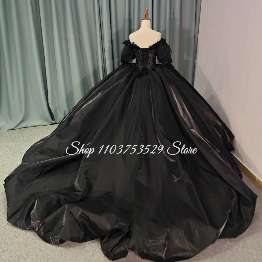 Customized Black Off-the-Shoulder Lace Quinceañera Dress Long-Sleeve Corset Ball Gown Full Skirt Vestidos De 15 Quinceañera 2026