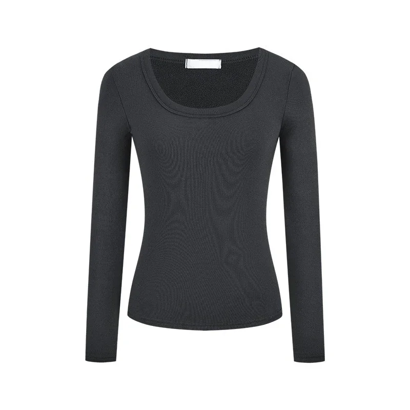 Outono inverno simples manga longa feminino base topos velo-forrado quente fino u-pescoço camisetas para mulher y2k coreano sólido casual camisetas