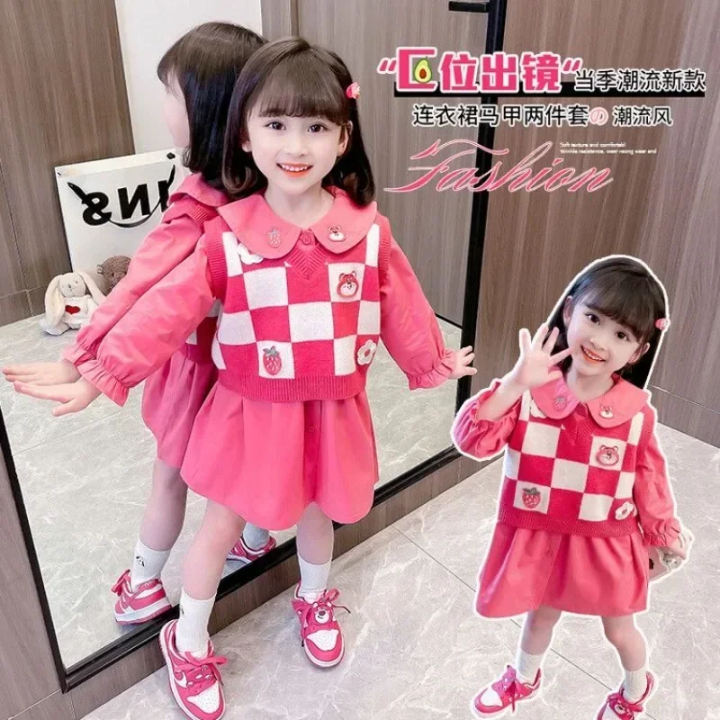 

Miniso Anime Sweet Lotso Long Sleeve Skirt Vest Set Cute Kawaii Cartoon Children Princess Shirt Clothing Gifts for Girls