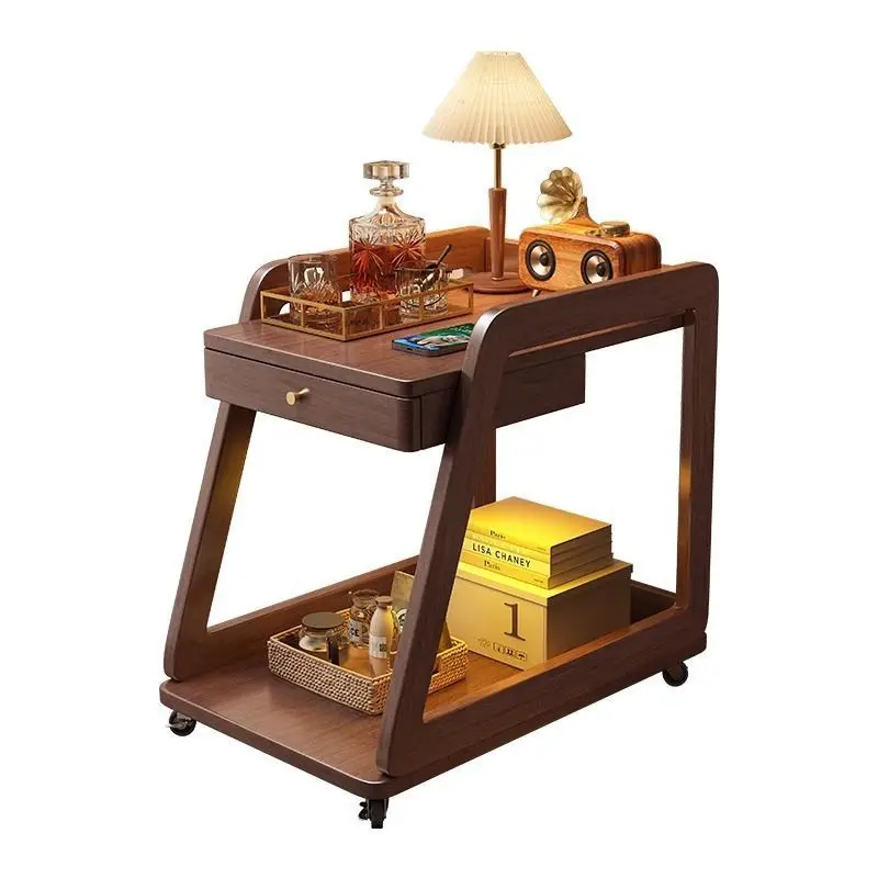 Solid wood edge few with wheels movable coffee table sofa shelf living room small table cart workbench bedside table