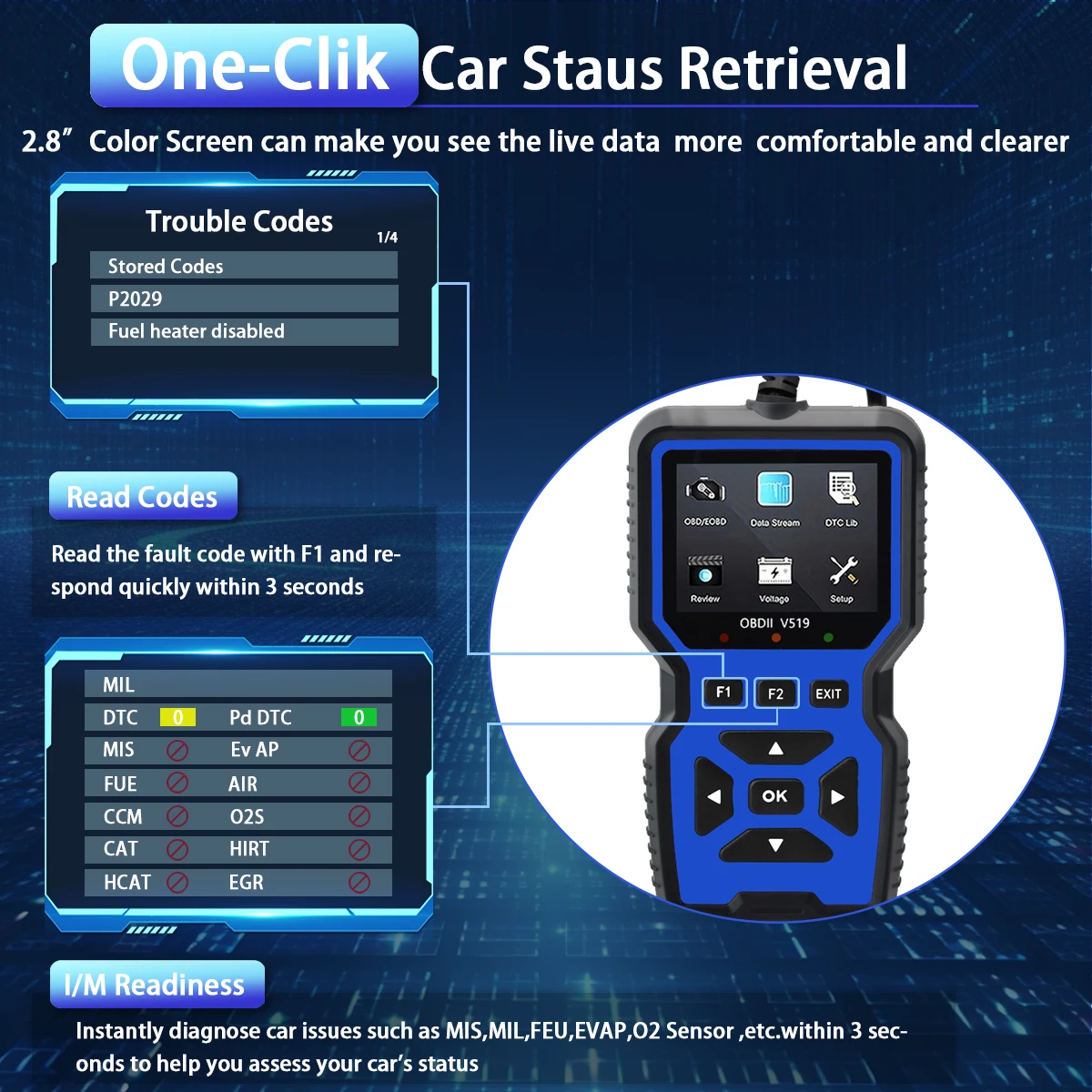 Car OBD2 Scanner Diagnostic Tool Code Reader, Car Voltage Tester Engine Fault Code Scanner, Charging Tester Diagnostic Tool 519