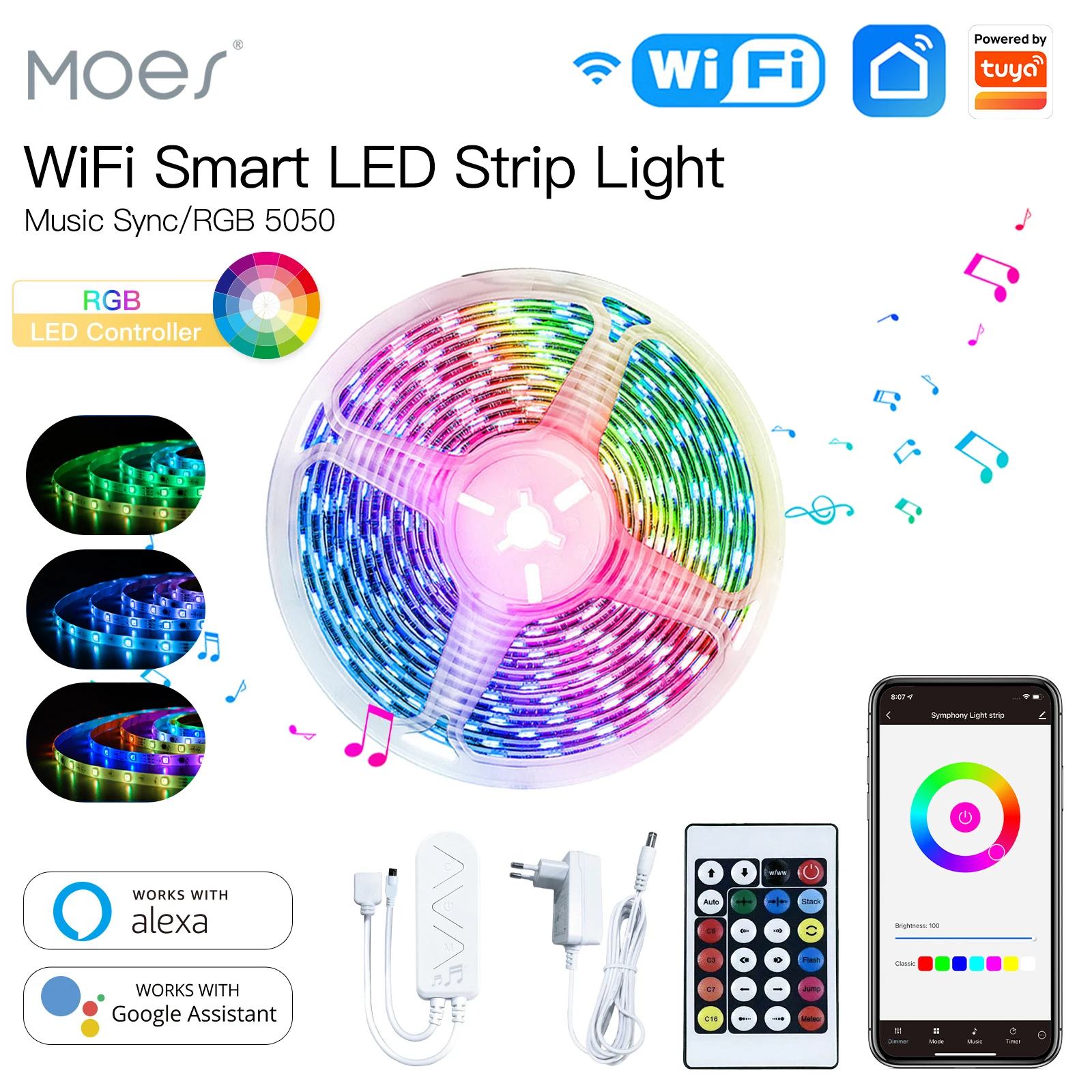 MOES WIFI inteligentna taśma świetlna LED TUYA 5050 RGBWW synchronizacja muzyki zmiana koloru pilot sterowanie głosem przez Alexa Google Home