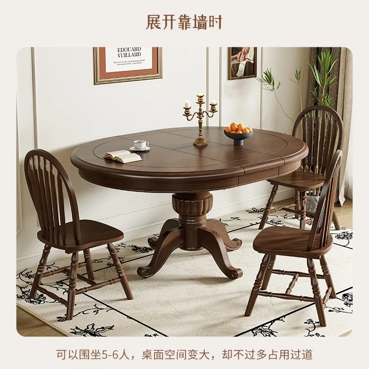

HYS solid wood dining table household turntable dining table medieval retro dining table retractable folding round small