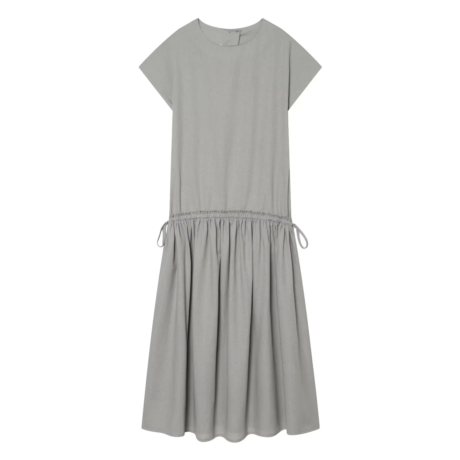 BSAY 2026 New Women Round Neck Cap Sleeve Adjustable Drawstring Gathered Waist Spliced Pleated Hem Solid Color Loose Midi Dress