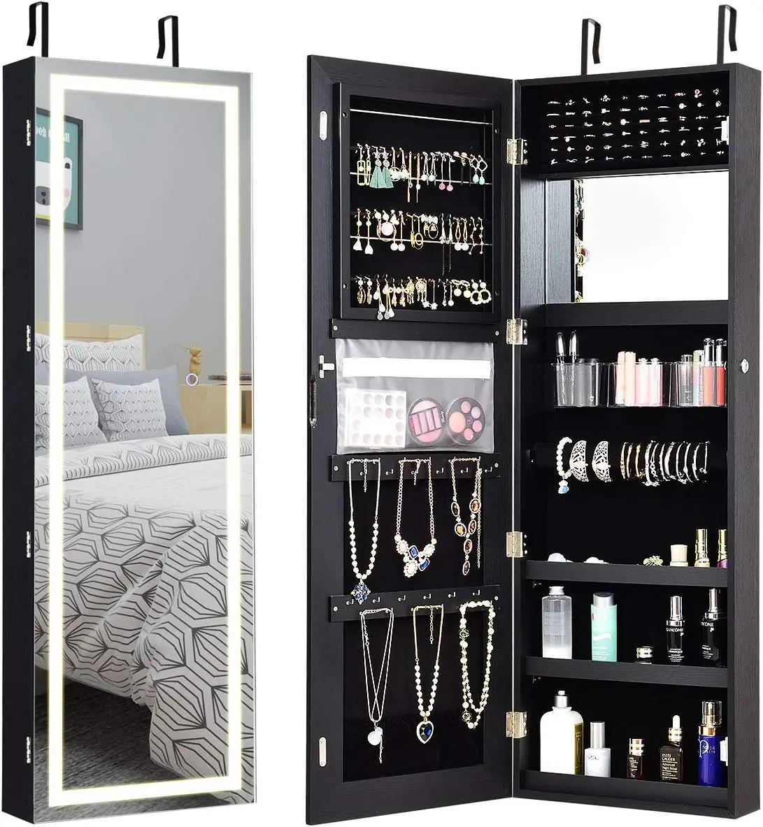 Jewelry Cabinet Armoire Door Wall Mount, 47.2in Lockable Touch Screen Lighted Full Length Mirror, 3 Lighting Settings