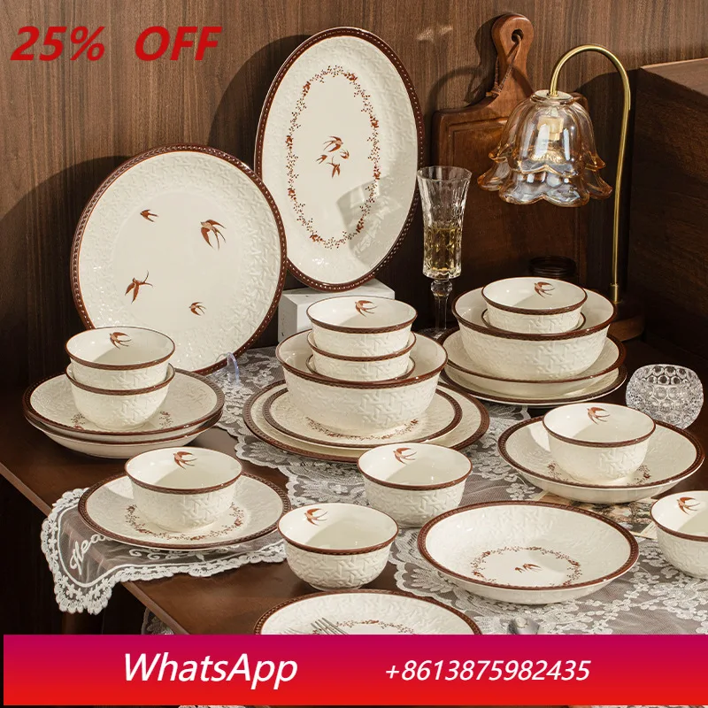 

YJQ relief pattern underglaze ceramic tableware, dish set, bowl household tableware housewarming gift