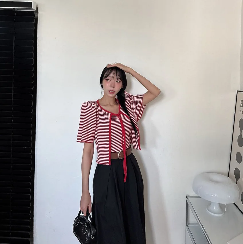 

Fashionable Striped Open Cardigan with Belt Two-Piece Set Anti-Aging Quality Dongda Gate Women's Clothing Elegant Style