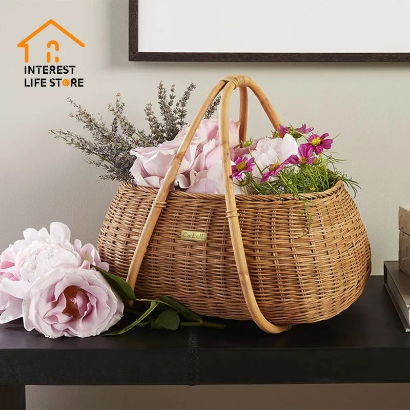 

New Europe and America Style Handmade Picnic Basket Handle Washable Lining Willow Storage Basket Suitable for Outdoor Camping