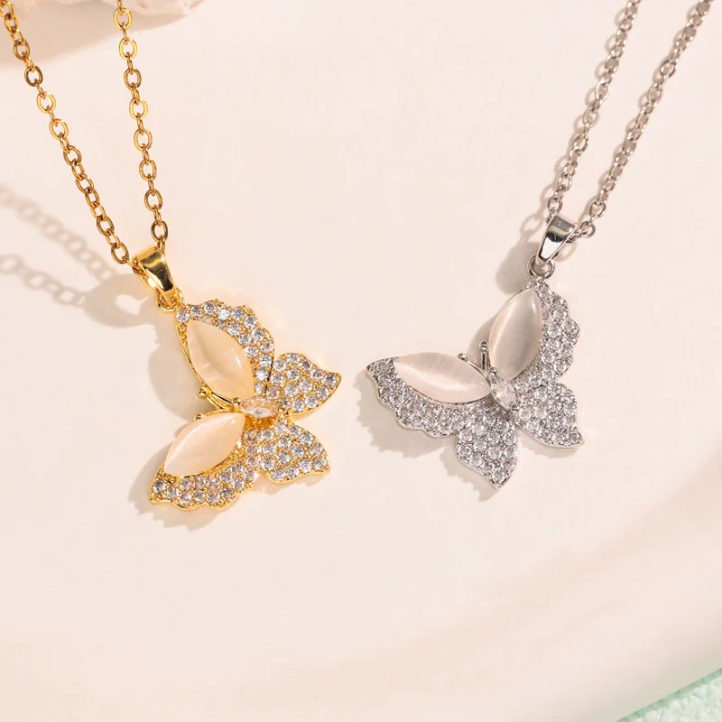 2026 New Personalized and Dynamic Necklace, Elegant and Colorful Zirconium Cat Eye Stone, Butterfly Collarbone Chain Accessory