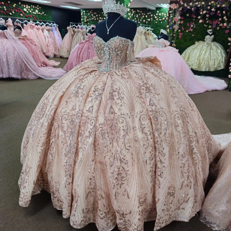 

Light Pink Shiny Princess Off the Shoulder Sweet 16 Dress Quinceanera Dresses Sequin Applique Beading Crystal Bow Tull Party