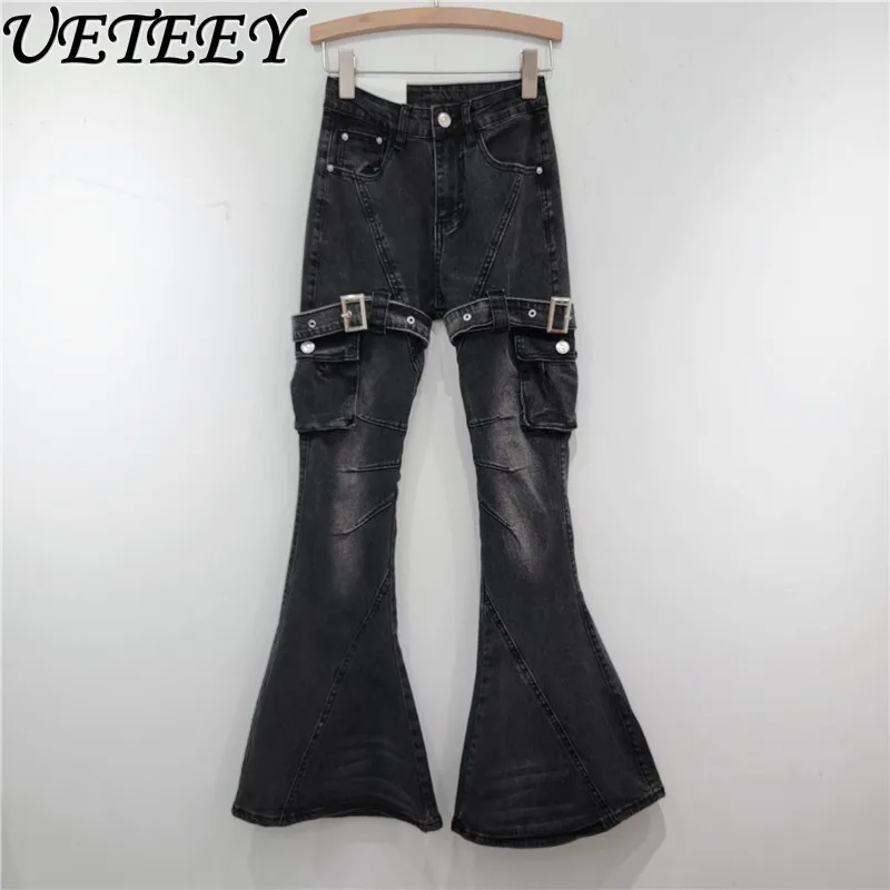 Vintage Straps Y2k Black Jeans Women American Vintage High Street Niche Mopping Floor Thin Flared Pants Female Denim Trousers