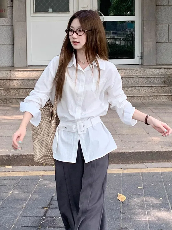 

Модная женская рубашка с воротником в корейском стиле, свободного кроя, с эффектом стройности, из полиэстера, с длинным рукавом, осень 2025