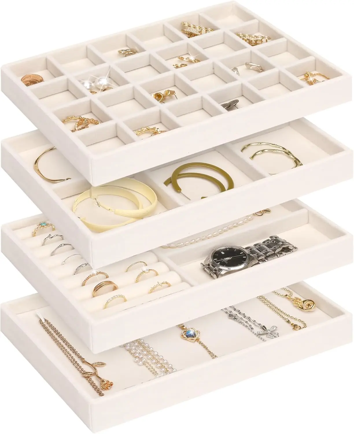 

Stackable Velvet Jewelry Tray Organizer with Removable Compartments, Display Case for Earrings Necklaces Bracelets Rings