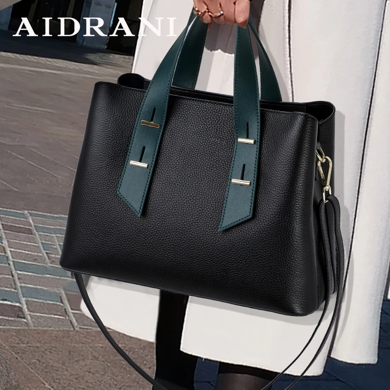 Aidrani  New fashionable women's handbag, made of cowhide material with color blocking design, black official bag