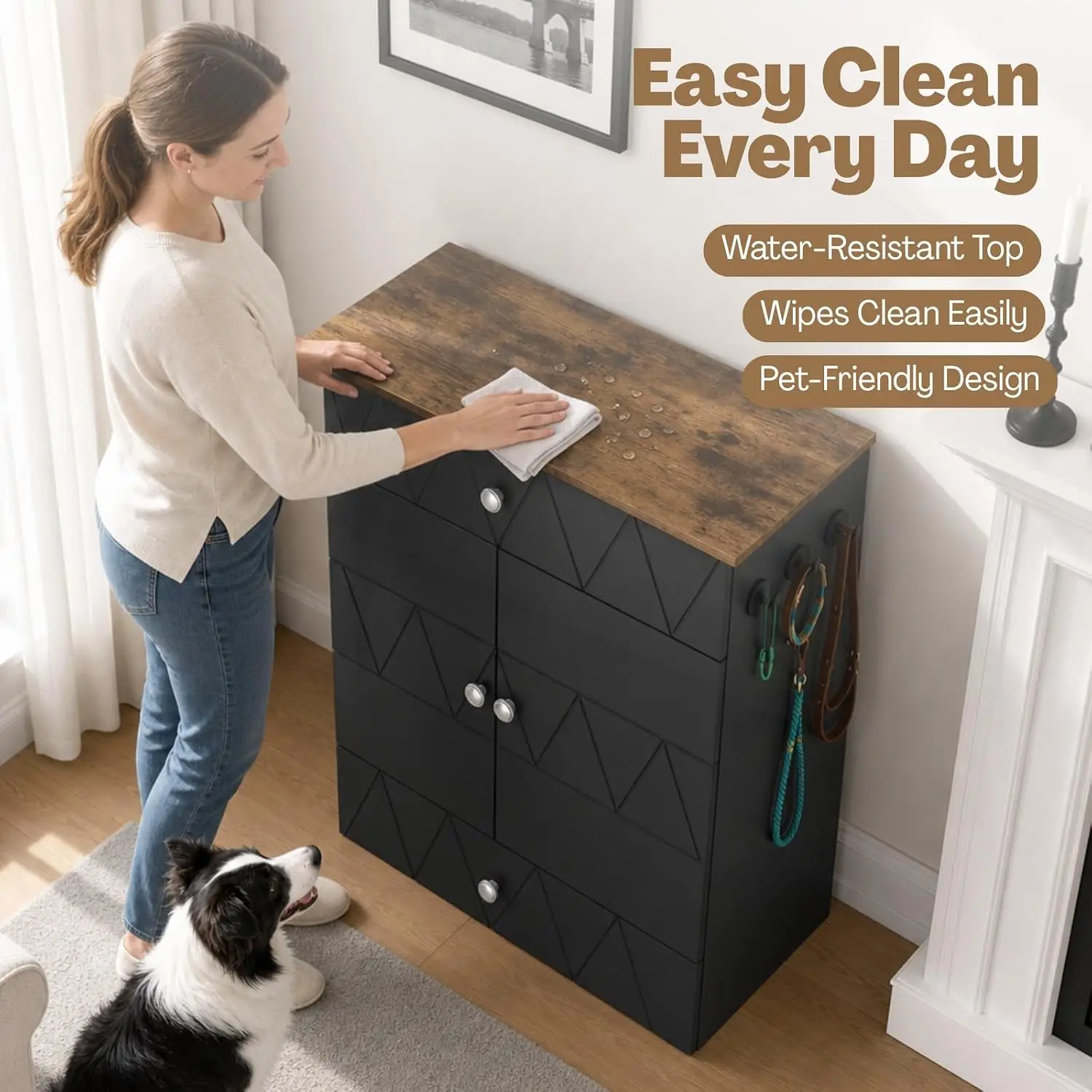 Dog Feeding Station with Bowls, Dog Food Storage Cabinet, Black