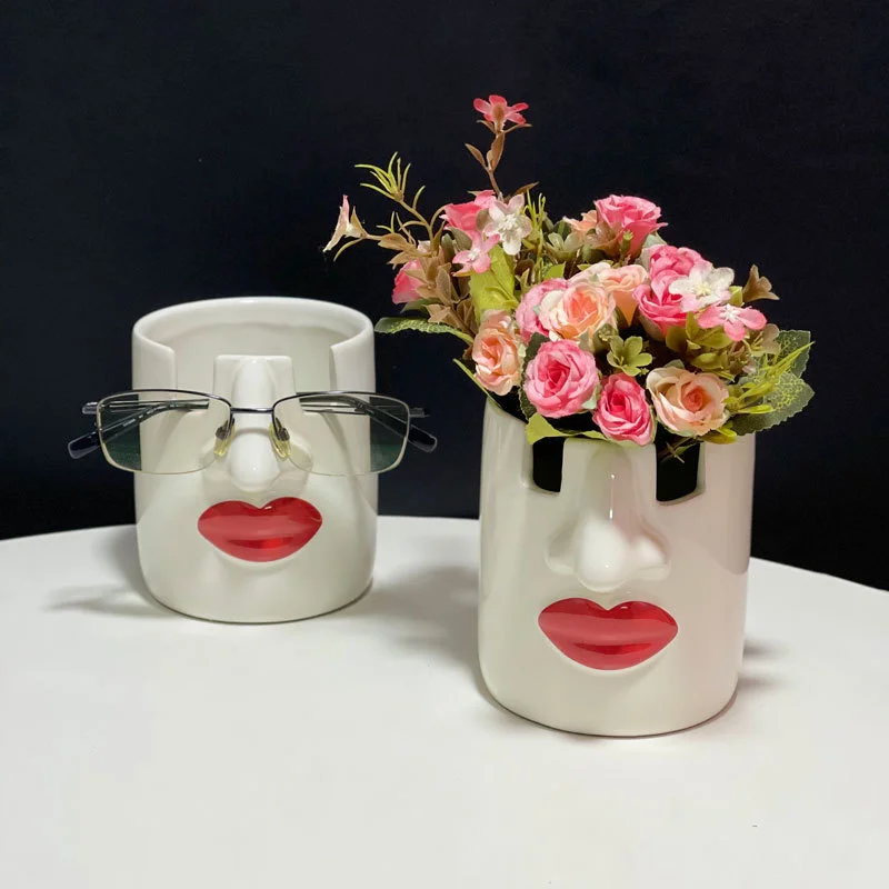 

1/2pcs New Creative Red Lip Ceramic Makeup Brush Storage Glasses Holder Decoration Pen Storage Tank Flower Vase Ornament Desktop