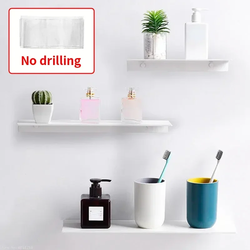 

Small Shelf Without Drilling Shampoo Holder Bathroom Wall Floating White Shelves Stick Bath Organizer for Kitchen Accessories