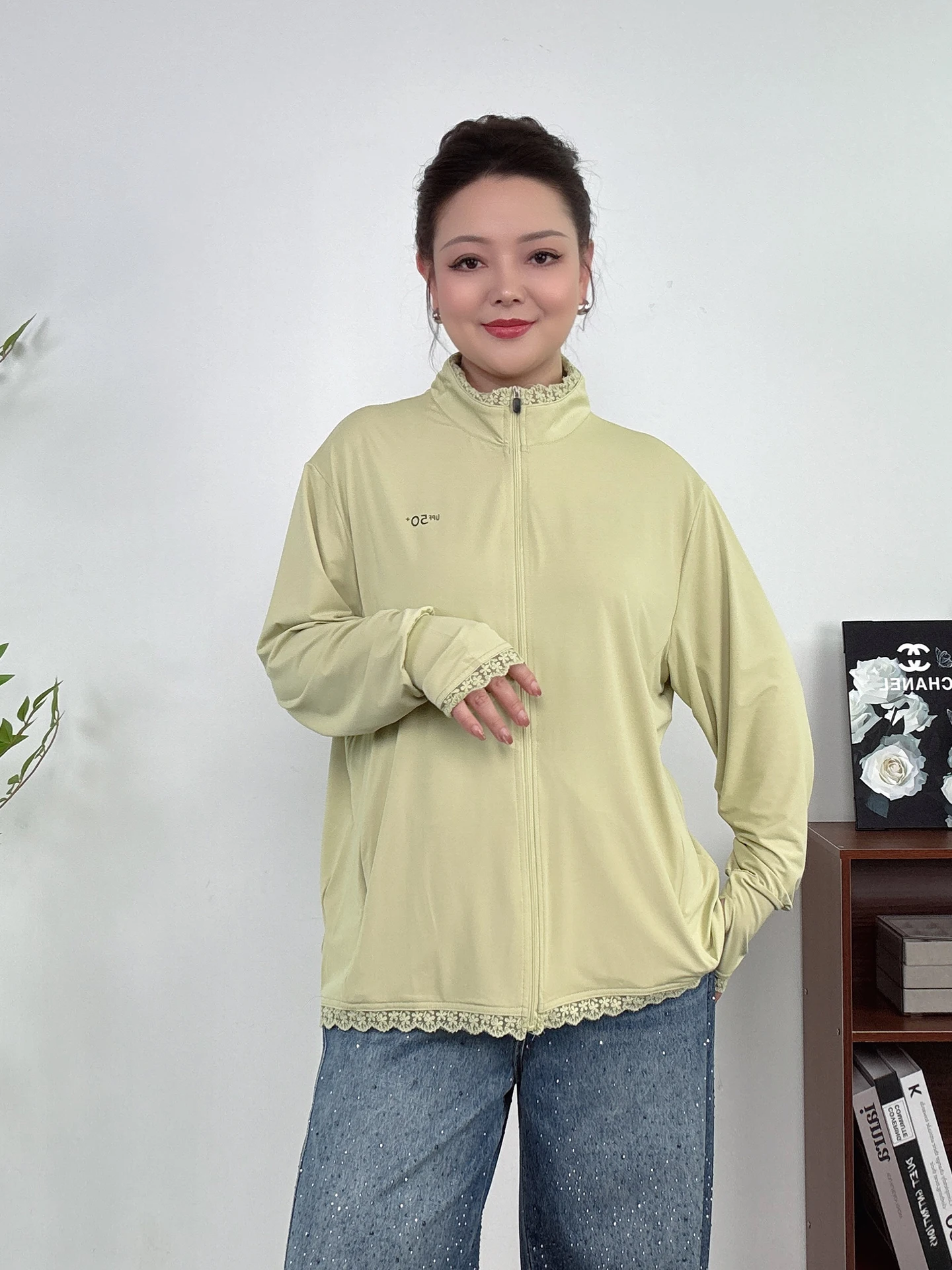 

plus Size Lace Sun Protection Clothing Women Loose Stand Collar Zipper Thin Casual Outerwear Slimming UV Protection Clothes