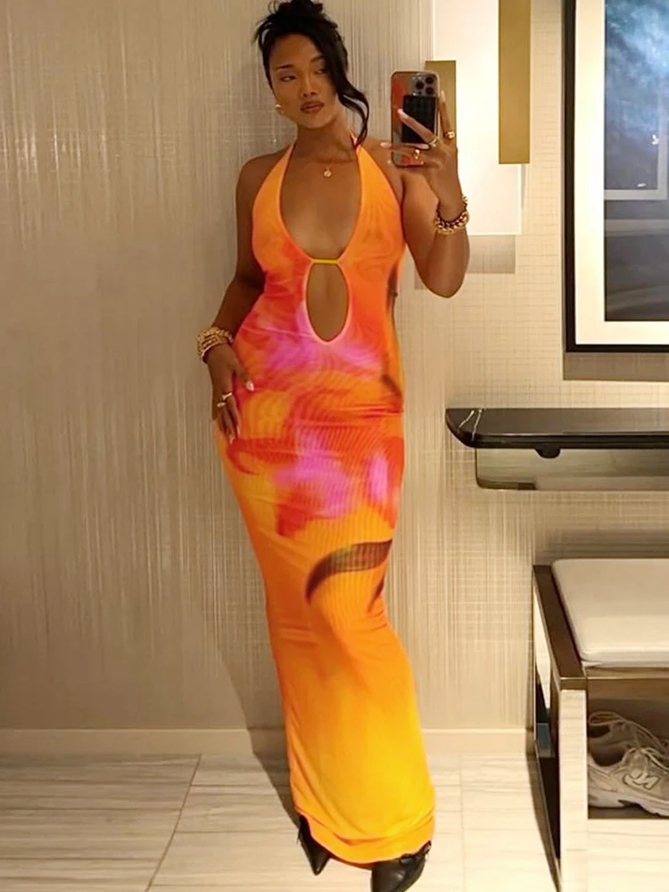 Tie Dye Cut Out Maxi Dress Women Stunning Halter Sexy Cleavage Backless Sheath Long Robe Elegant Vacation Party Vestidos