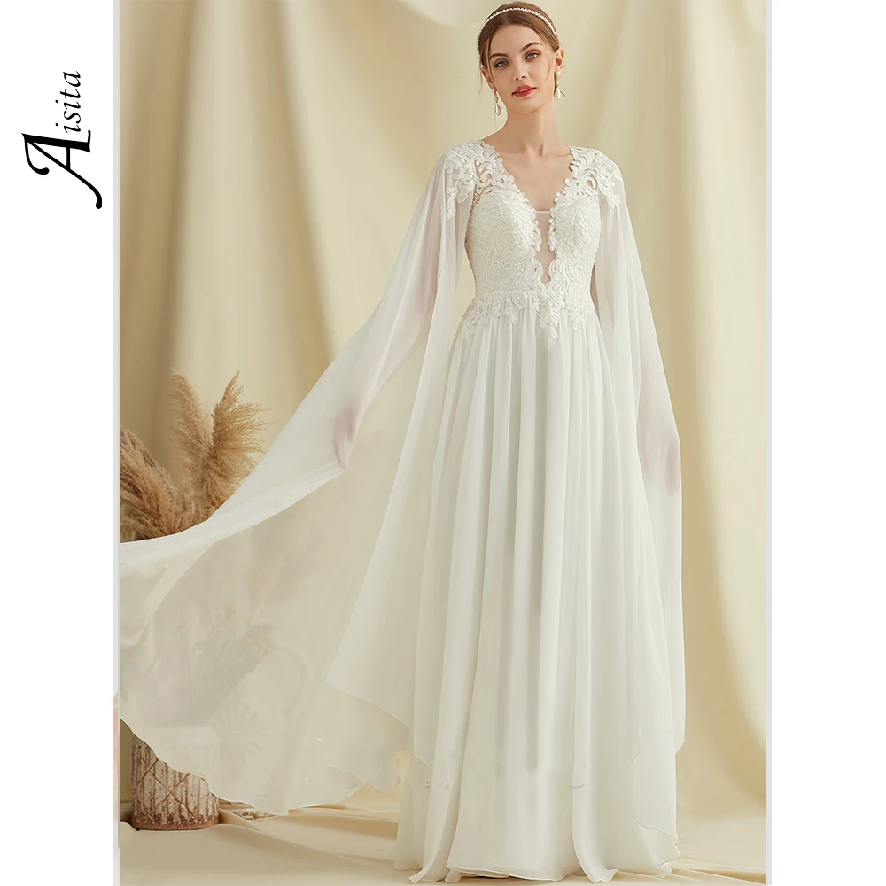 Princess A-line Wedding Dresses V-Neck Bride Dresses With Sequins Lace Chiffon Wedding Dresses For Woman Dresses Vestidos