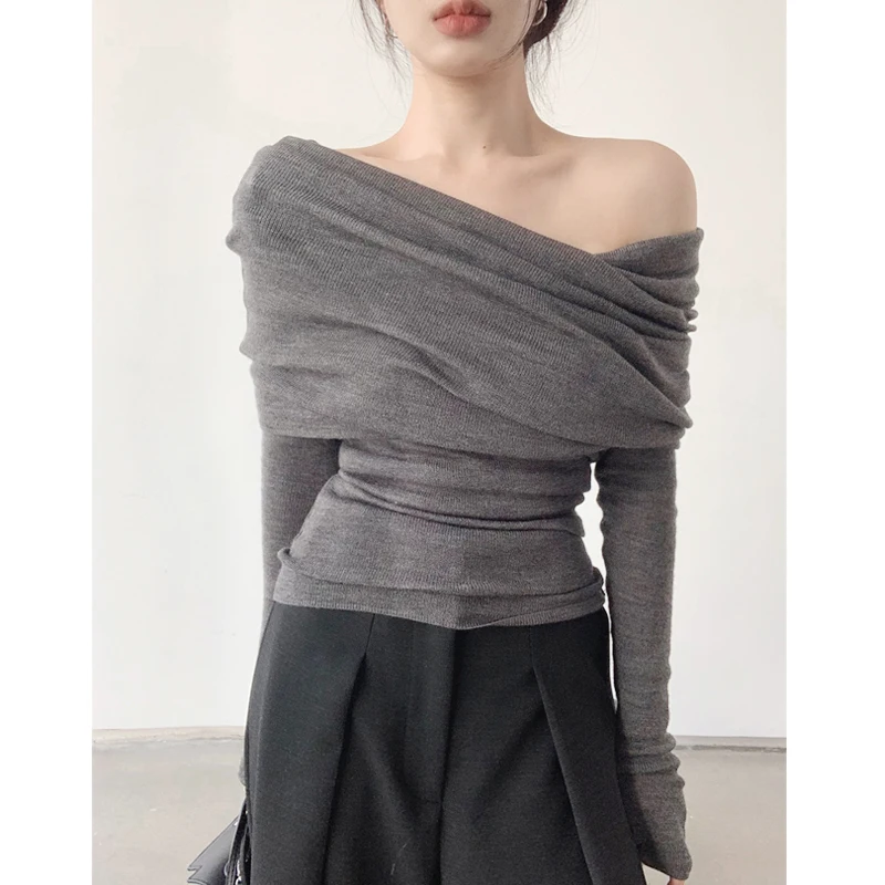 

Sexy Knitted Base irt One oulder Folded Design Women's Inner Wear Spring Autumn Slim Fit High End Feeling Top