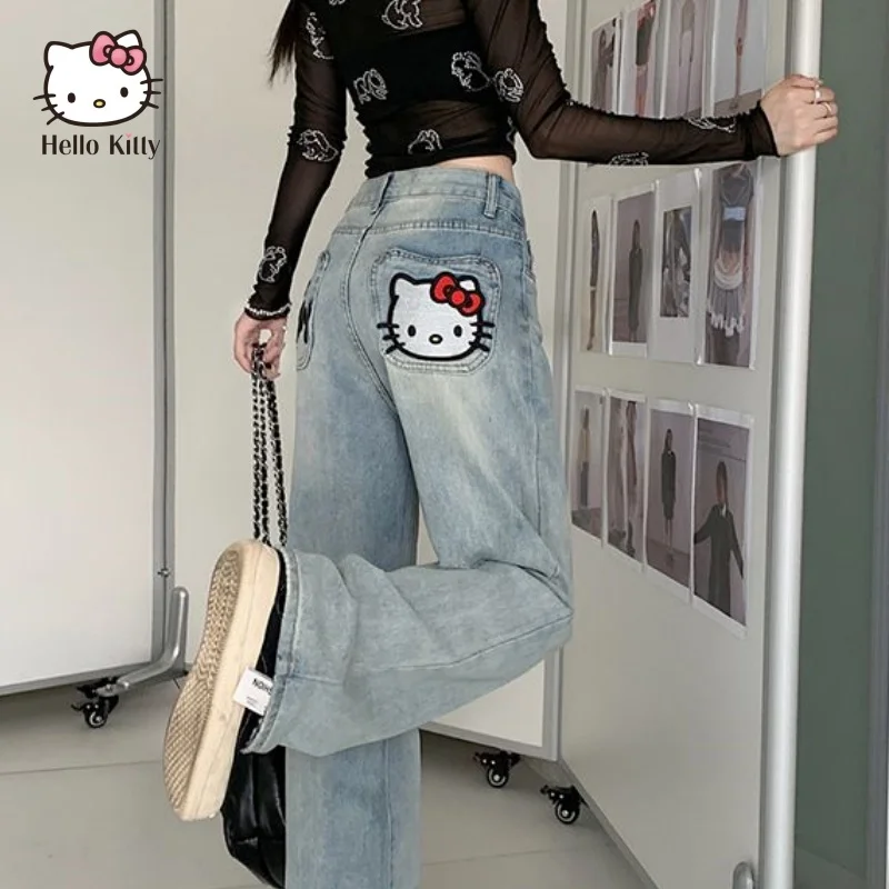 

Y2k Hello Kitty Jeans Harajuku Trend Anime Sanrio Kawaii Kt Wide Leg Pants Loose For Women Trouser Street Student Casual Fashio