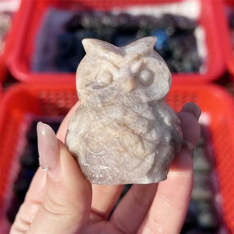 

Natural Moon Stone Owl Carving Family Decoration Energy Healing Fengshui Holiday Gifts Gemstone 1pcs