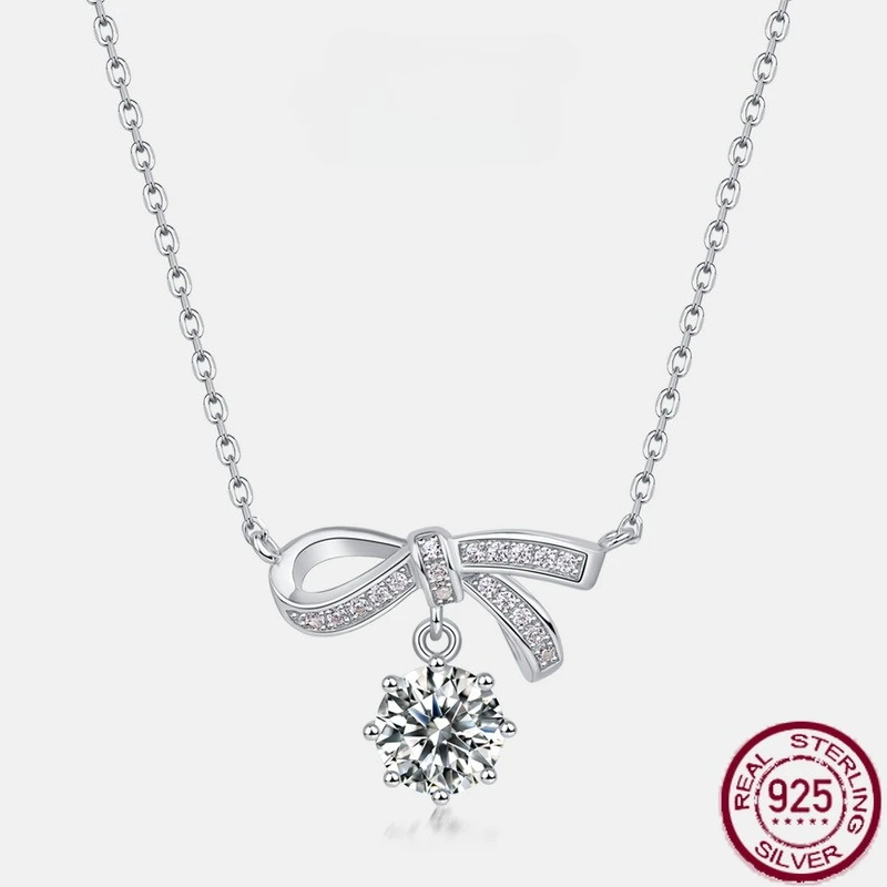

New S925 sterling silver bow, sparkling moissanite full diamond necklace, light luxury, agile and versatile wedding jewelry