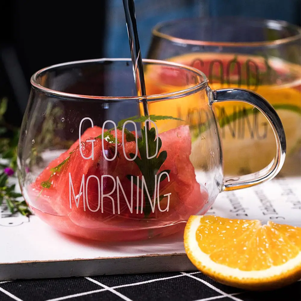 1Pc Round Transparent Glass Clear Mug Cup Milk Coffee Glass Letter Printing Drinkware With Handle For Tea Juice Breakfast