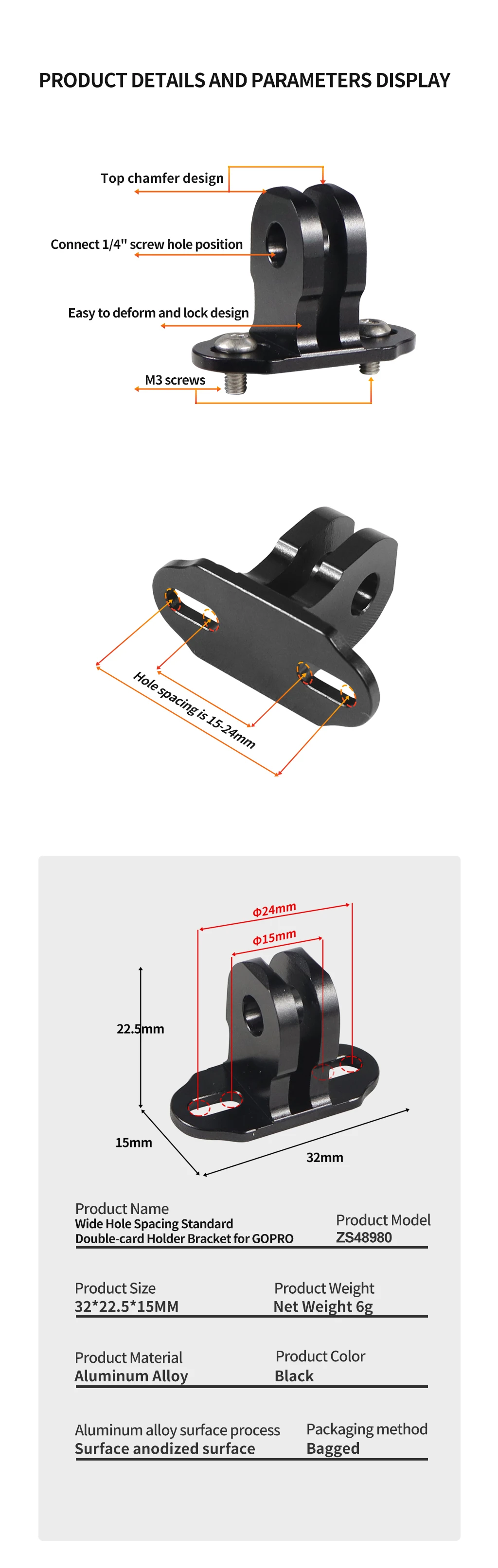 Basis adapter für Stativ montage aus Aluminium legierung für Gopro Action Kamera m3 Schrauben loch Stativ Ein beins tativ halter – Detail 10