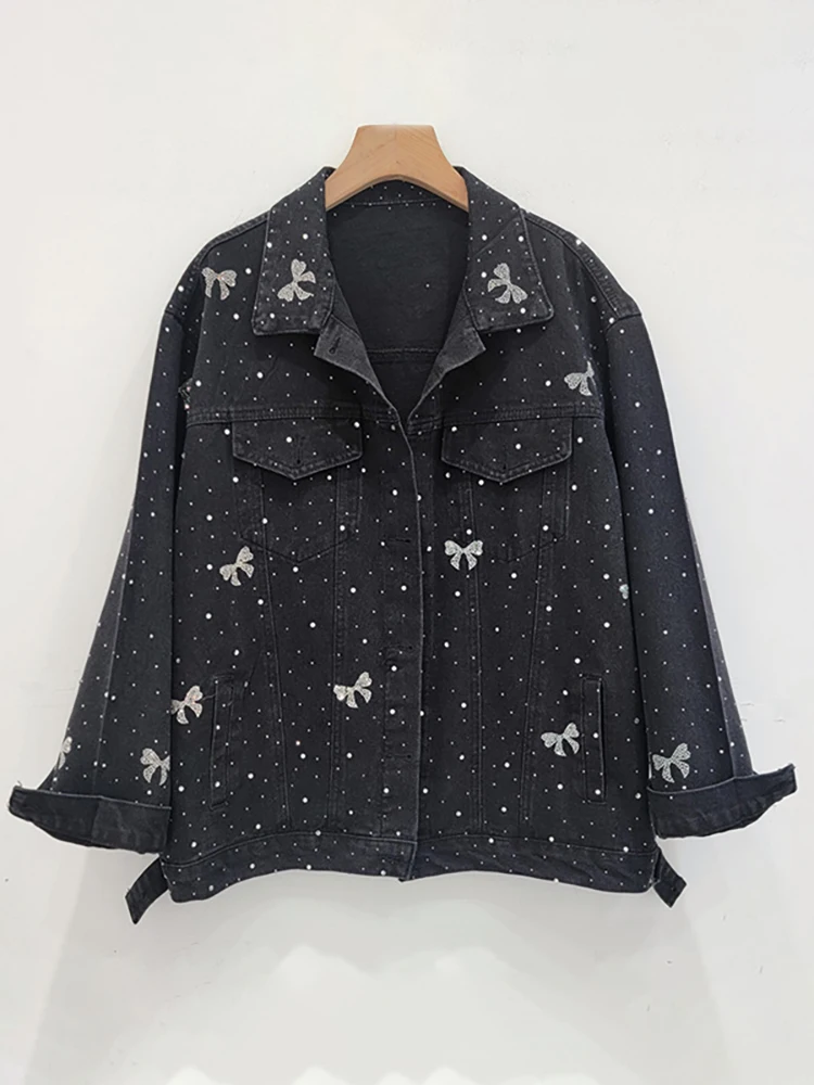 DEAT Women\'s Denim Coat Full Diamonds Bows Decoration Loose Solid Color Single Breasted Jackets 2024 Autumn New Fashion 29L8196